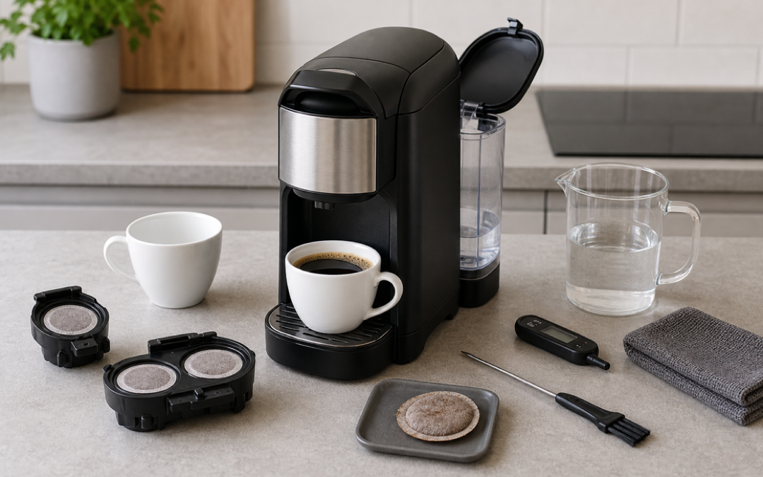 Kaffeepadmaschine mit Tassen, Padhaltern, Messbecher, Thermometer und Reinigungszubehör