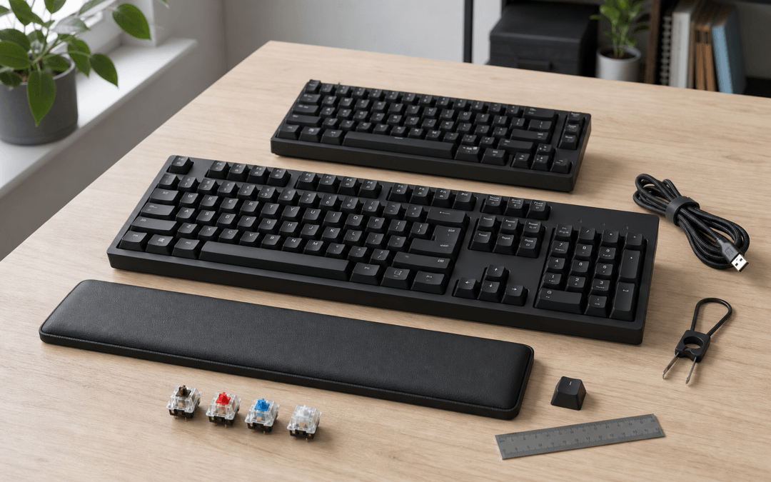 Vollformat- und Kompakttastatur mit Handballenauflage, Schalterproben, Keycap-Puller, USB-Kabel und Lineal