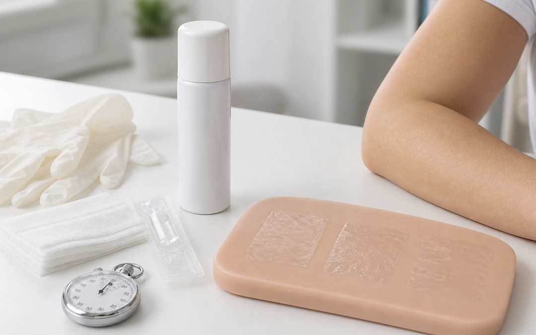 Sprühpflaster-Dose mit Testfilmen auf Silikonpad, Handschuhen, Kompressen und Stoppuhr