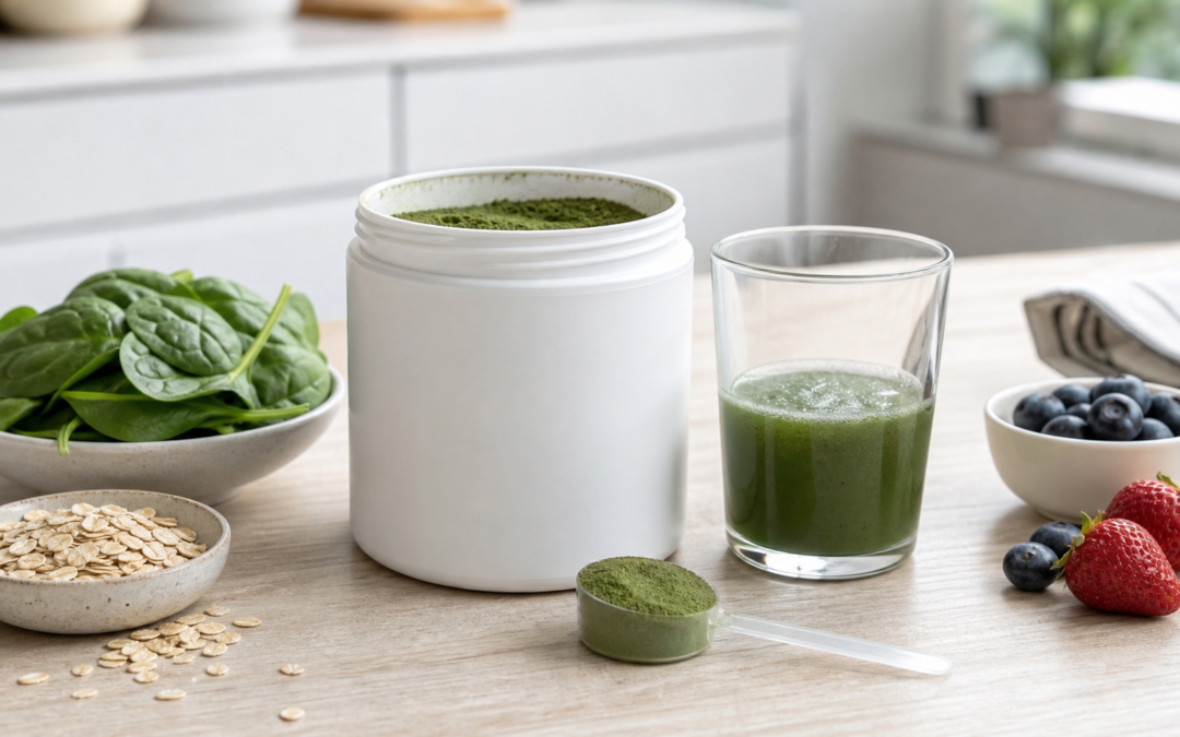 Grünes Superfood-Pulver mit Messlöffel, Getränk und pflanzlichen Zutaten