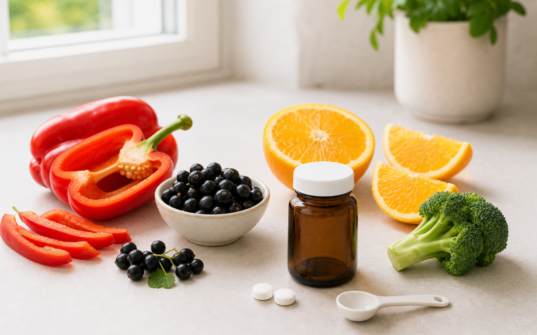 Vitamin-C-reiche Lebensmittel mit Paprika, Orange, schwarzen Johannisbeeren und einem neutralen Präparat