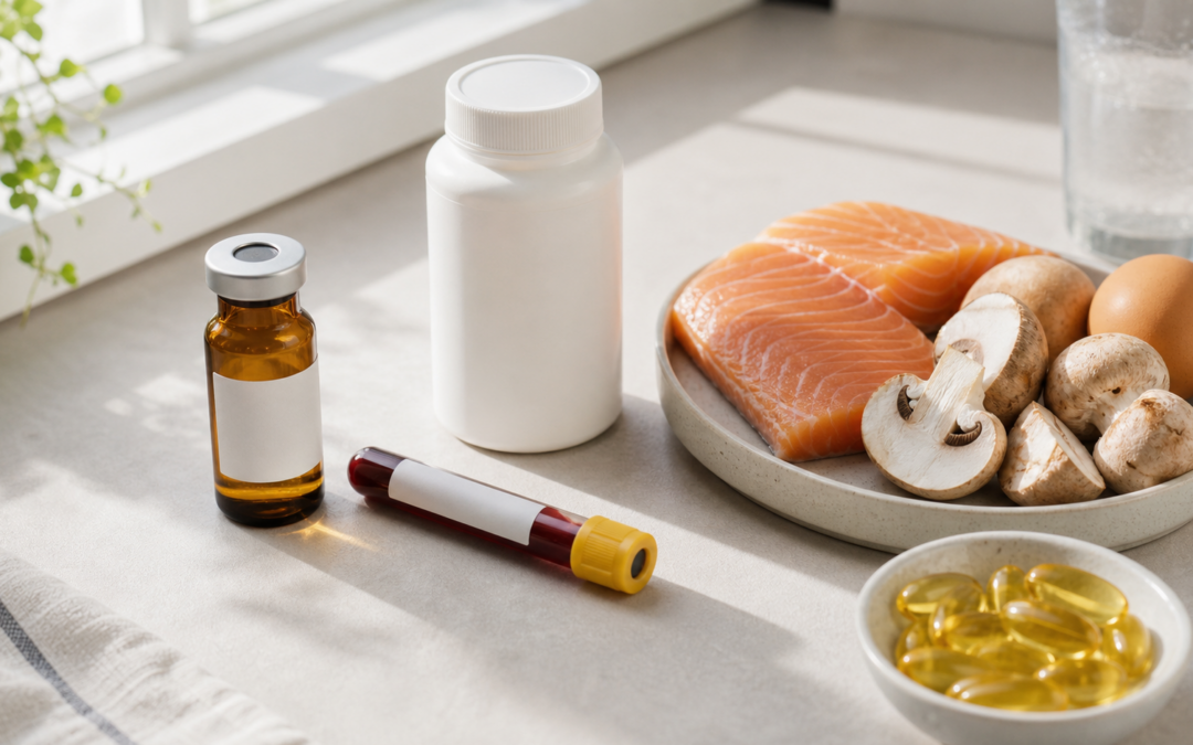 Vitamin-D-Labortest mit Blutprobe, Nahrungsergänzung und Lebensmitteln auf einem hellen Tisch