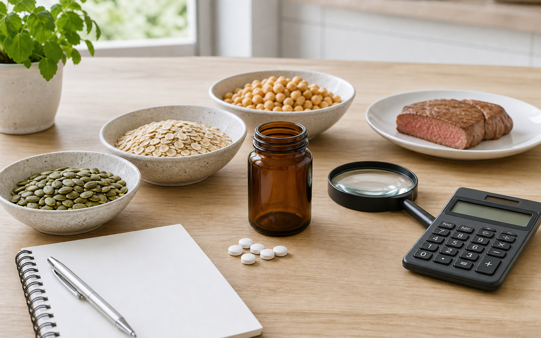 Zinkhaltige Lebensmittel, neutrales Supplementglas, Tabletten, Lupe und Rechner bei der Dosierungsprüfung