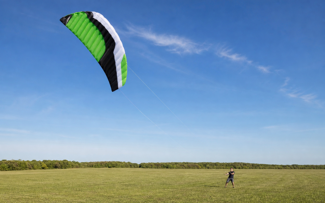 Grün-schwarzer Zweileiner-Speedkite über einer großen freien Wiese mit erfahrenem Piloten