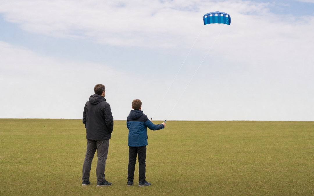 Jugendlicher fliegt unter Aufsicht eine kleine blaue Zweileiner-Softfoil auf freier Wiese