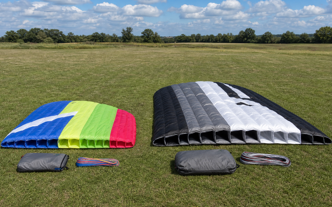 Kleine und große unmarkierte Lenkmatte mit getrennten Leinensätzen und Taschen auf einer freien Flugwiese