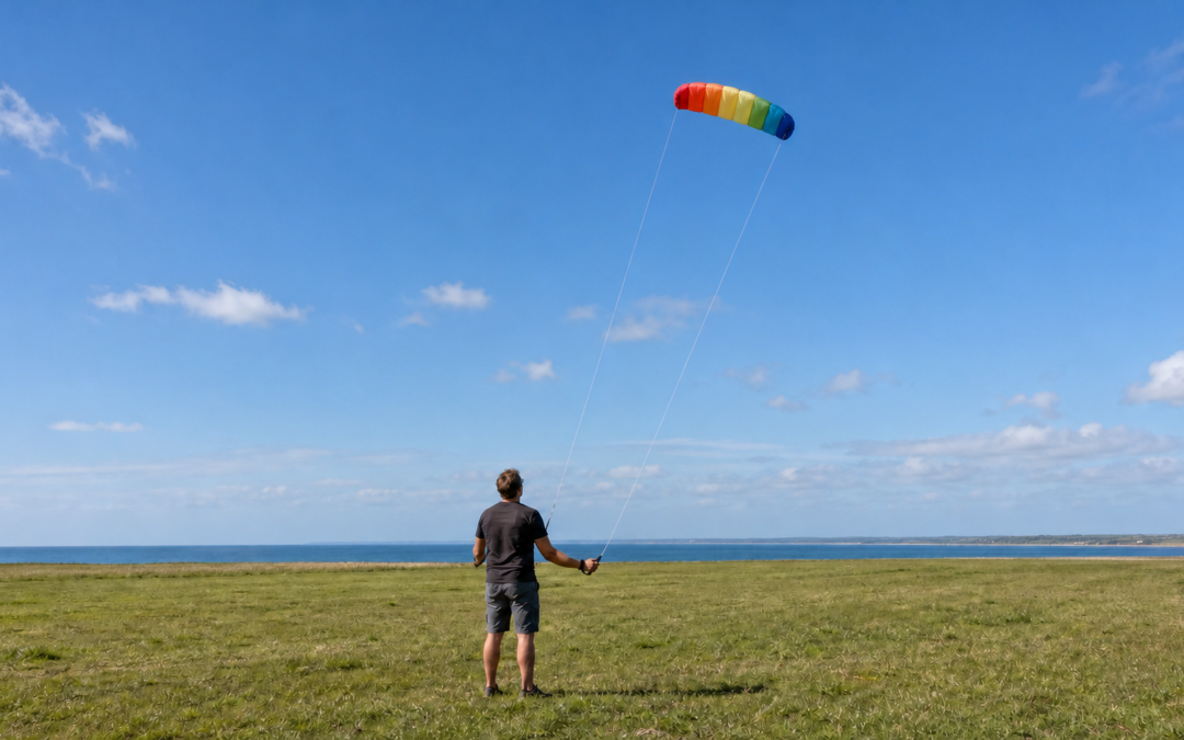 Symbolbild einer kompakten 1,8-Meter-Rainbow-Zweileiner-Lenkmatte auf freiem Flugfeld