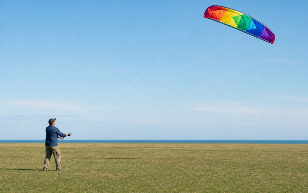 Symbolische große Rainbow-Zweileiner-Lenkmatte mit zwei Leinen auf freier Wiese