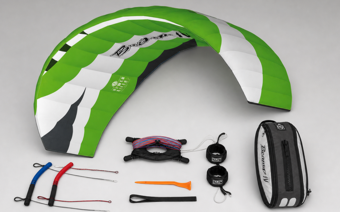 Historische HQ Beamer IV 2.0 mit Quad Handles, vier Leinen, Kite Killern, Groundstake und Rucksack