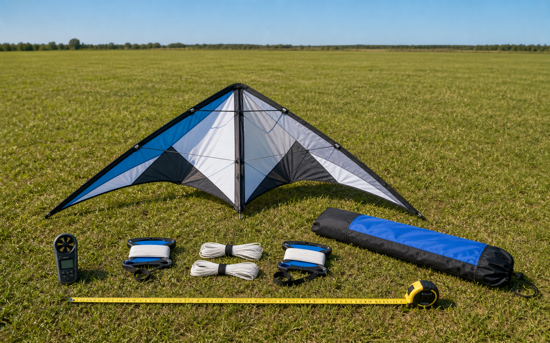 Gestängter Zweileiner-Lenkdrachen mit Leinen, Wicklern, Windmesser und Maßband auf freier Wiese