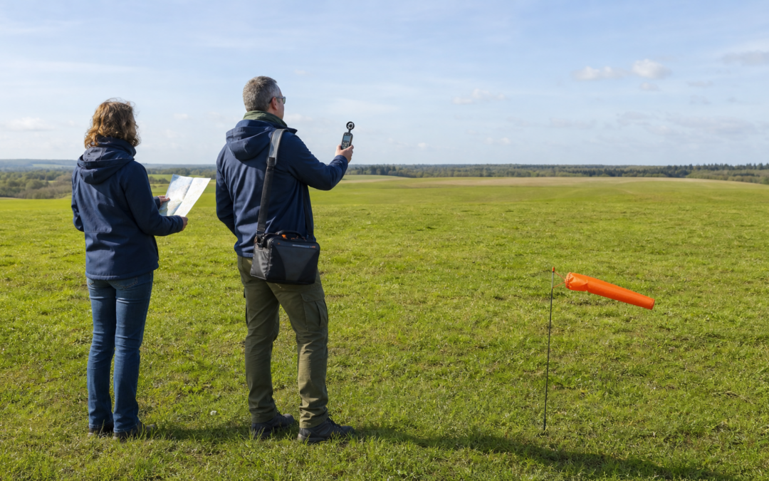Zwei Personen prüfen eine große freie Lenkdrachen-Flugwiese mit Karte, Windmesser und Windsack