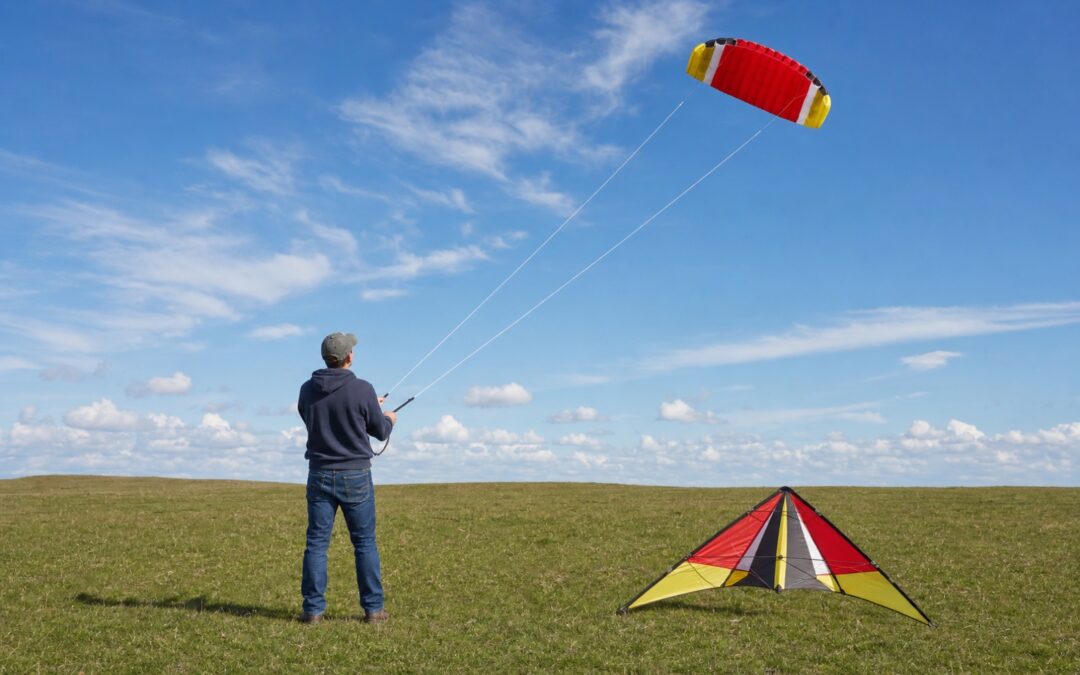 Pilot mit Zweileiner-Lenkmatte und Lenkdrachen auf einer freien Wiese