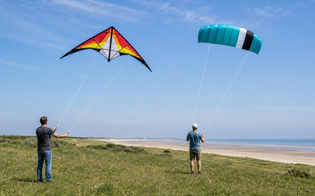 Lenkdrachen und Lenkmatte im direkten Vergleich am Strand