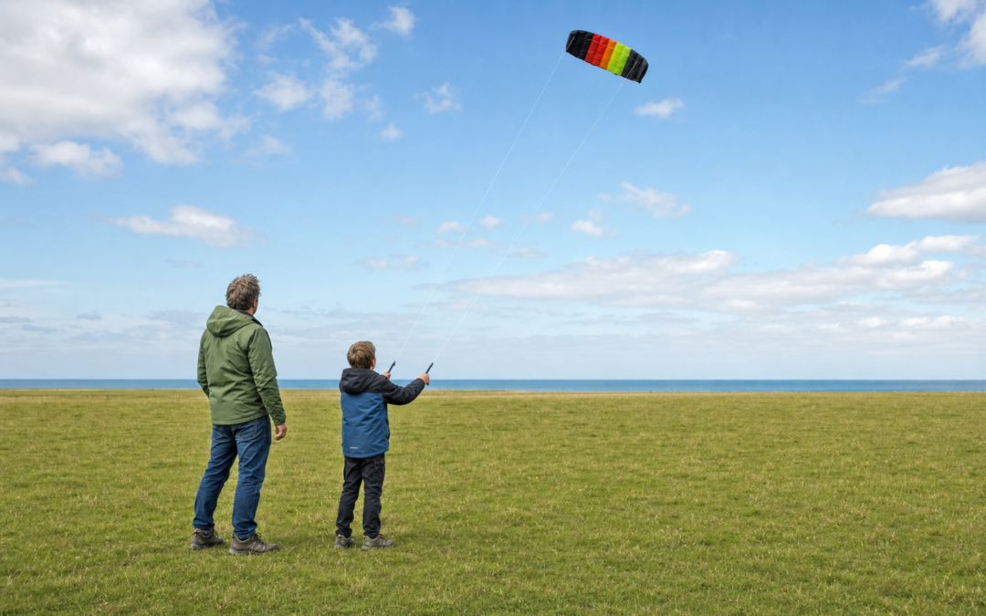 Kind fliegt unter Aufsicht eine kleine Zweileiner-Lenkmatte auf freier Wiese