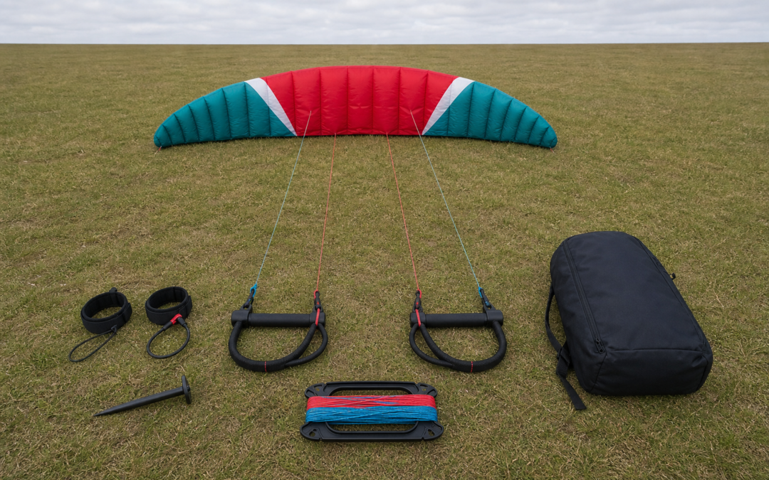 Illustrative Vierleiner-Powerkite-Ausrüstung mit vier Leinen, Handles, Schlaufen, Stake, Wickler und Tasche