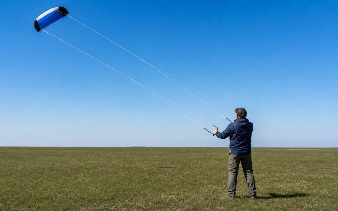 Erwachsener fliegt einen Vierleiner-Powerkite mit Handles auf freiem Feld