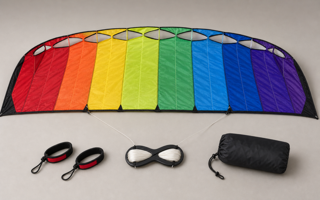 Symbolbild einer klassischen bunten Zweileiner-Lenkmatte mit zwei Leinen, Winder, Schlaufen und Tasche