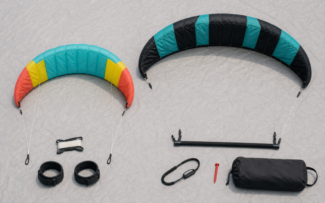Vergleich einer kleinen Zweileiner-Lenkmatte mit Schlaufen und einer größeren Sport-Lenkmatte mit Controlbar