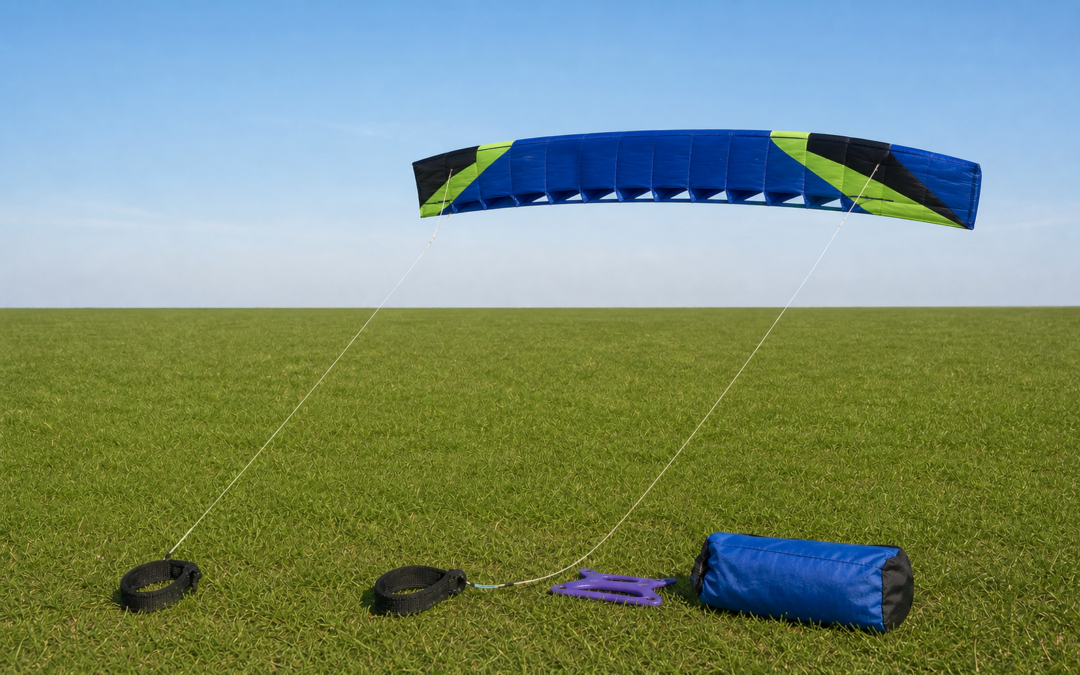 Gestreckte blaue Zweileiner-Speed-Lenkmatte mit zwei Leinen, Lenkschlaufen, Winder und Tasche