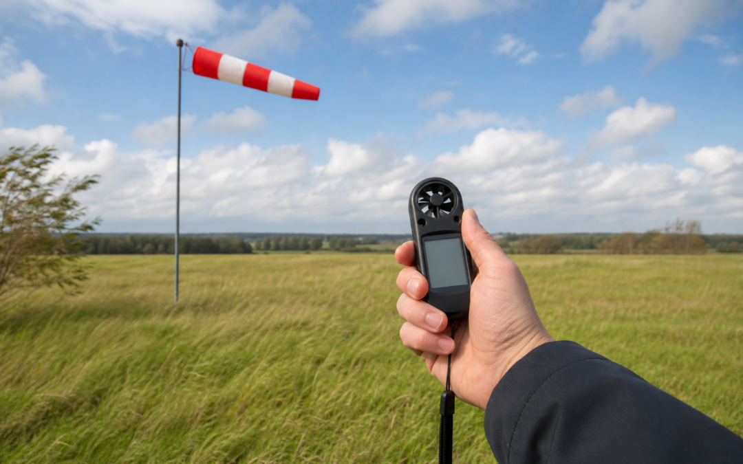 Handwindmesser und Windsack auf einem freien Feld bei mäßigem Wind