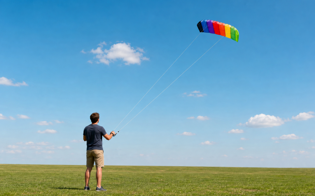 Anfänger fliegt eine kleine Zweileiner-Lenkmatte mit zwei gut sichtbaren Leinen auf freier Wiese