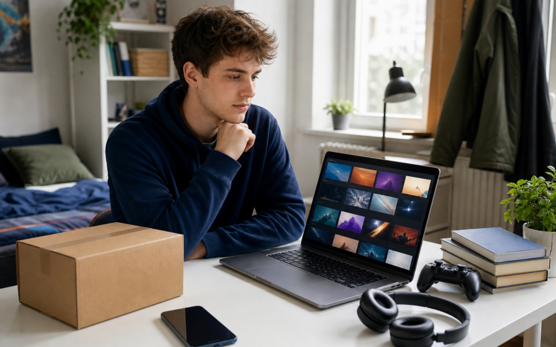 Junger Erwachsener vergleicht Paketversand, Streaming, Musik, Gaming und Bücher