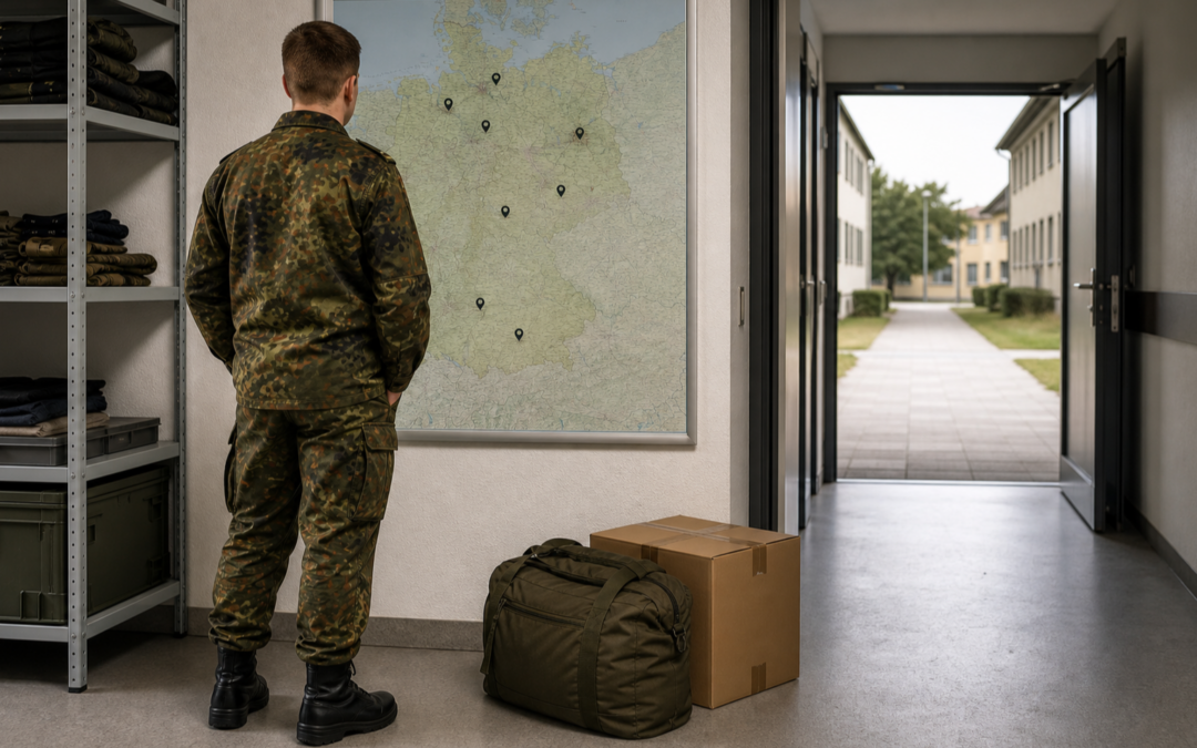 Soldat mit Reisetasche vor einer Standortkarte beim Wechsel der Einheit