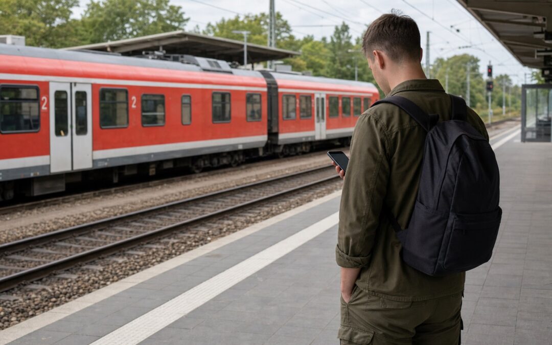 Junge Person in neutraler olivfarbener Kleidung mit Rucksack an einem deutschen Regionalzug