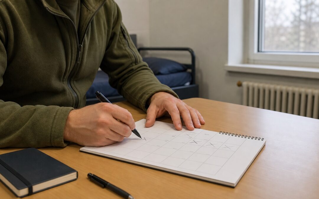 Person in neutraler olivfarbener Kleidung plant freie Tage in einem Kalender