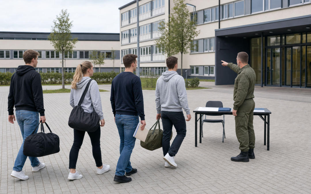 Vier Rekrutinnen und Rekruten kommen mit Gepäck und Unterlagen zur Anmeldung in der Kaserne
