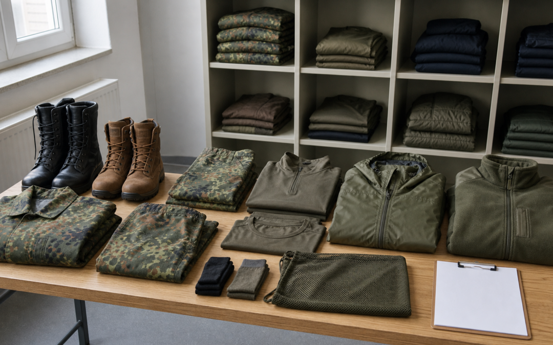 Ausgegebene Bundeswehr-Kleidung mit Feldanzug, Schichten und Stiefeln