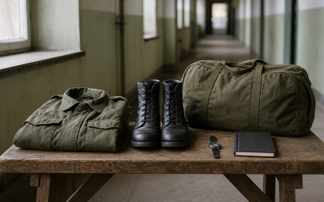 Feldjacke, Stiefel, Reisetasche, Armbanduhr und Notizbuch als Rückblick auf den Grundwehrdienst