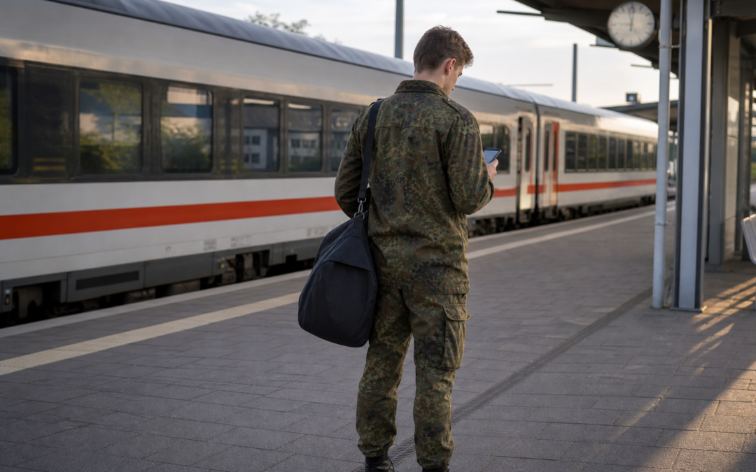 Soldat mit Reisetasche bei der Wochenend-Heimfahrt am Bahnhof