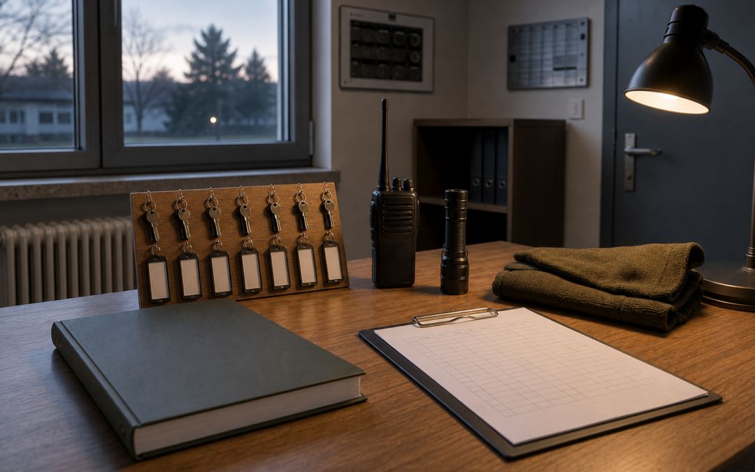 Dienstzimmer mit Dienstbuch, Schlüsselbrett, Funkgerät, Lampe und Dienstplan