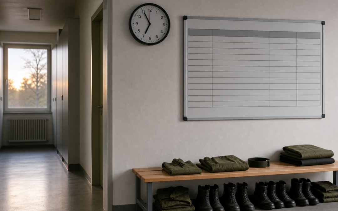 Kasernenflur mit Wanduhr und Tagesplantafel vor dem Dienstbeginn