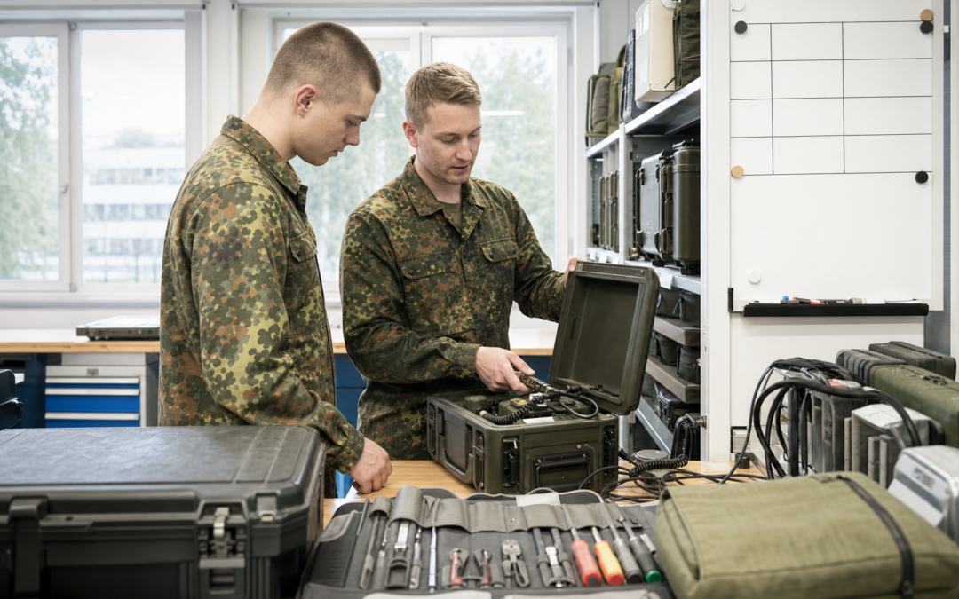 Soldaten bei der Einweisung in Geräte und Aufgaben der neuen Einheit