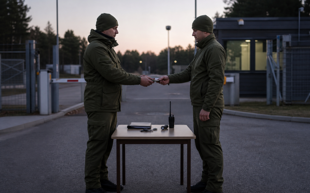 Zwei Soldaten bei der Wachübergabe mit Dienstbuch, Schlüsseln, Funkgerät und Taschenlampe