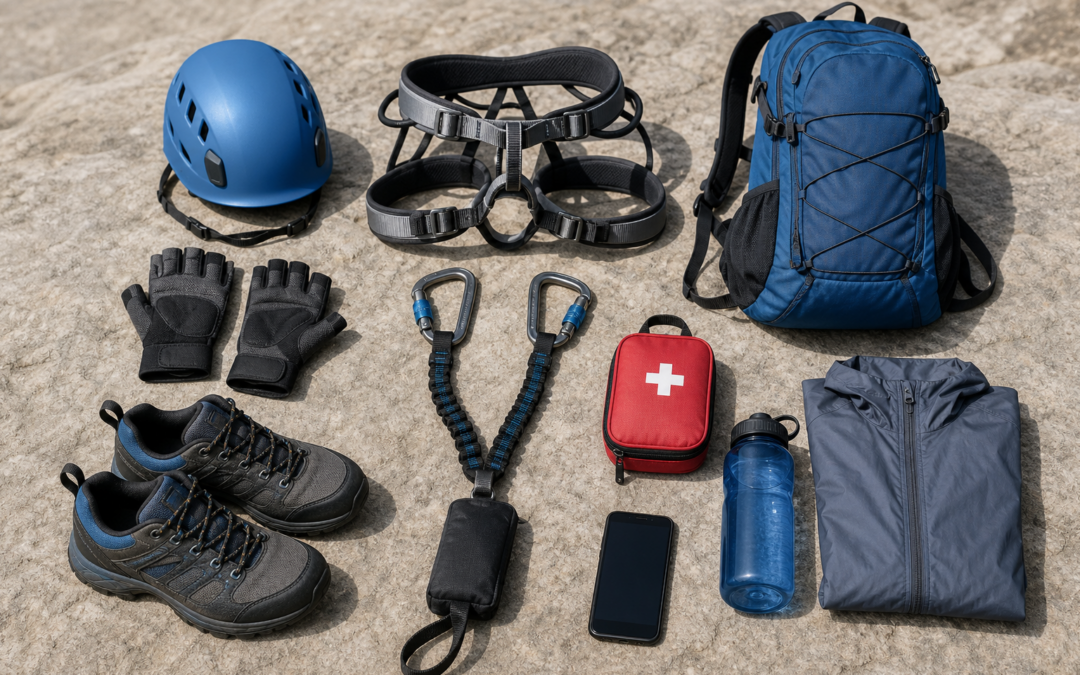 Klettersteig-Ausrüstung mit Set, Gurt, Helm, Schuhen und Rucksack