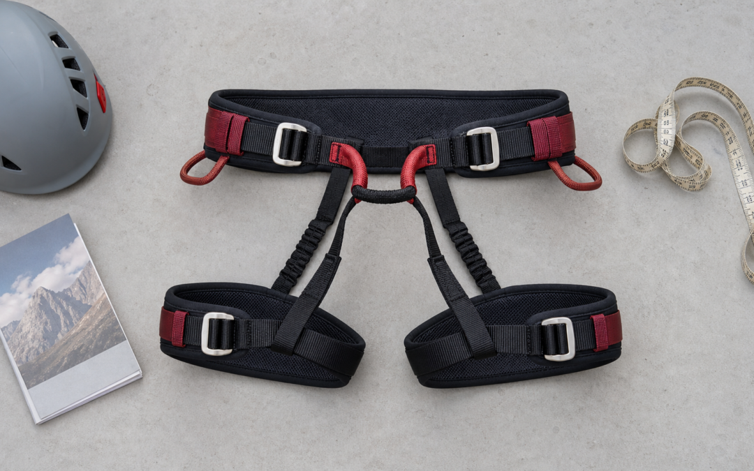 Klettersteiggurt mit Hüftgurt, Beinschlaufen und Schnallen flach ausgelegt