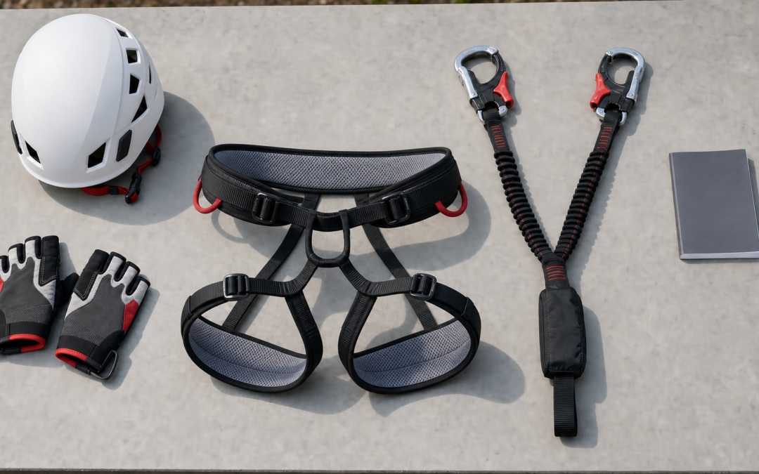 Klettergurt, Klettersteigset und Helm getrennt für den Partnercheck ausgelegt