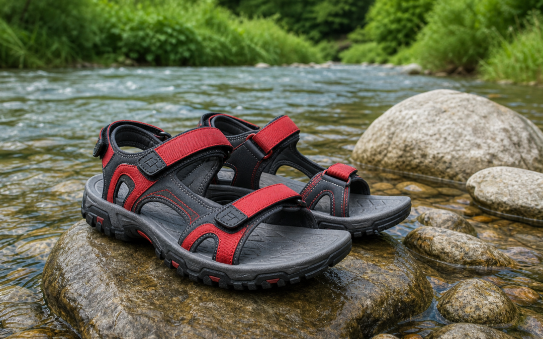Rote Trekkingsandalen mit verstellbaren Riemen auf einem nassen Stein im Bach