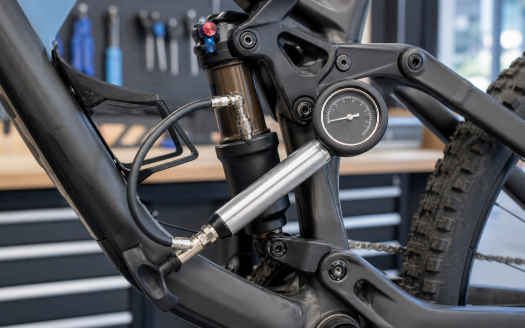 Dämpferpumpe mit Manometer an einem Mountainbike-Luftdämpfer