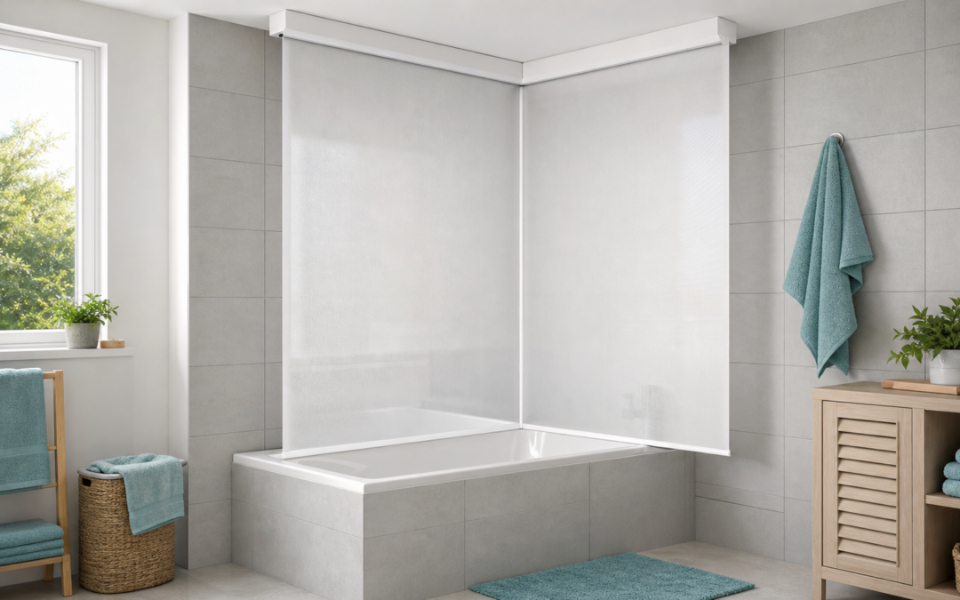 Kleine-Wolke-Duschrollo als zweiteiliges Ecksystem über einer Badewanne