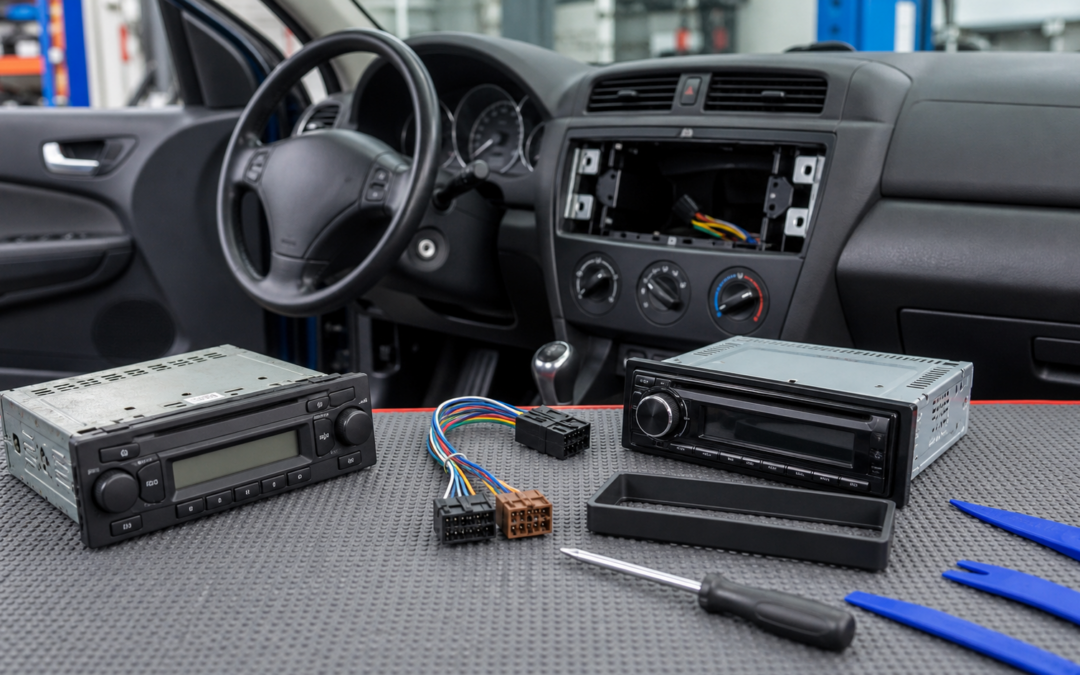Ausgebautes Werksradio und Nachrüstradio mit Adapter in einer Car-Hi-Fi-Werkstatt