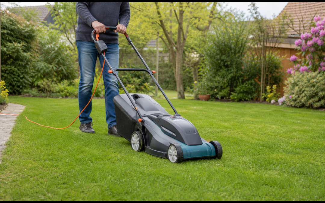 Kabelgebundener Elektro-Rasenmäher auf einer gepflegten Gartenfläche