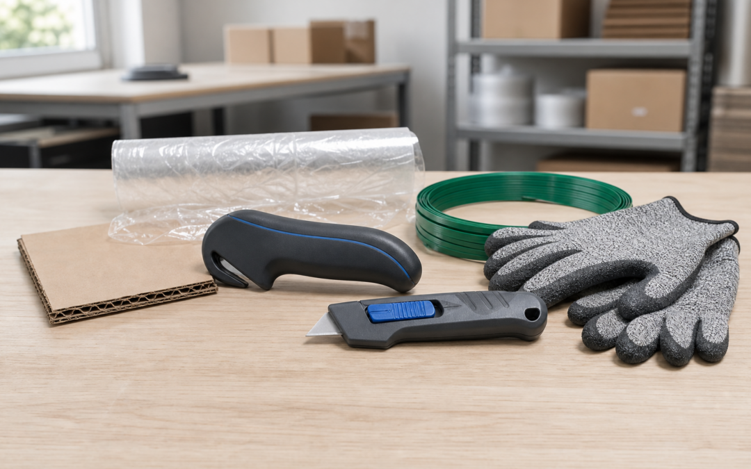 Zwei Sicherheitsmesser mit Karton, Folie, Umreifungsband und Arbeitshandschuhen