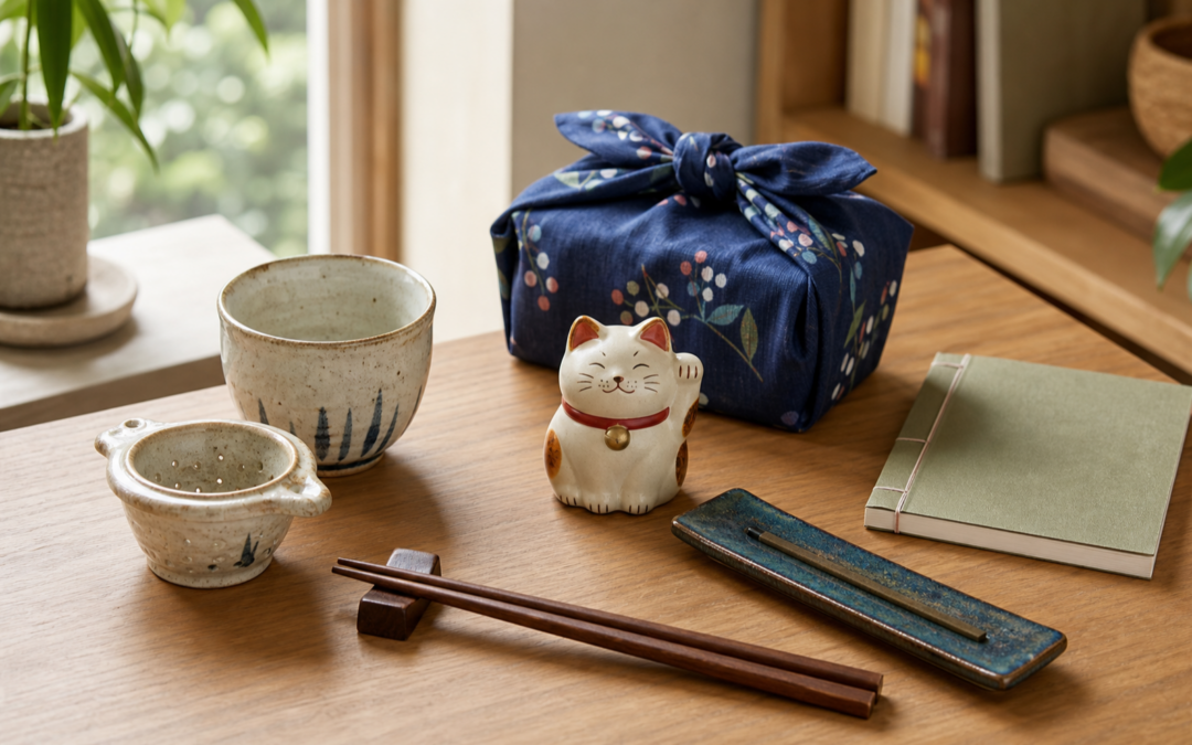Teezubehör, Essstäbchen, Maneki-neko, Notizbuch und verpacktes Geschenk aus Ostasien