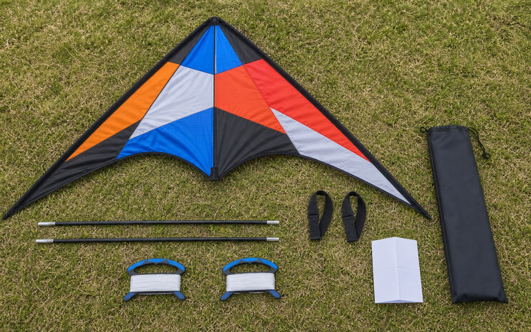 Komplettes Zweileiner-Lenkdrachen-Set mit Leinen, Griffen, Stäben und Tasche