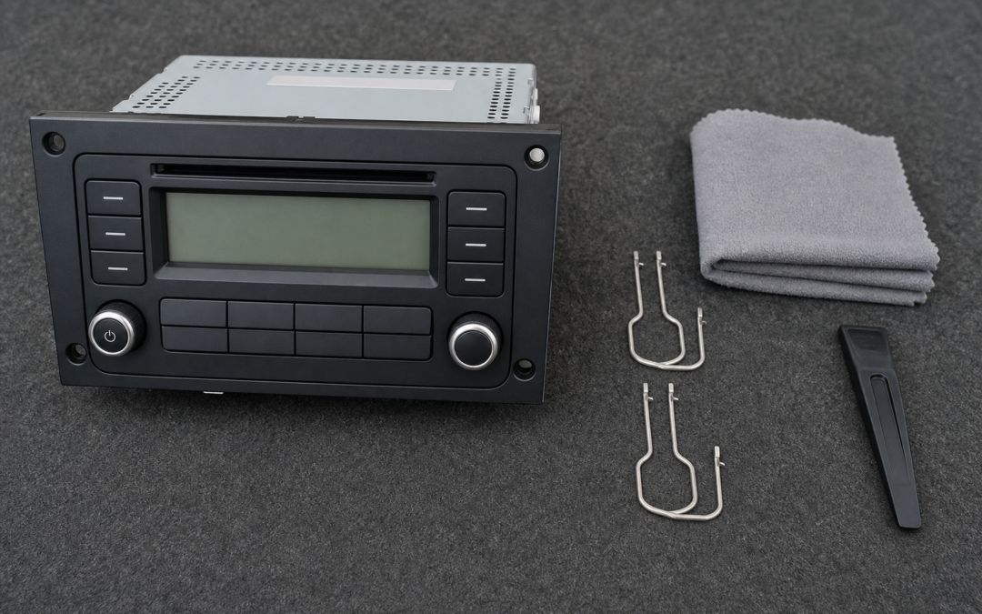 Corsa-D-Werksradio mit vier Entriegelungsöffnungen und passenden Ausbauwerkzeugen